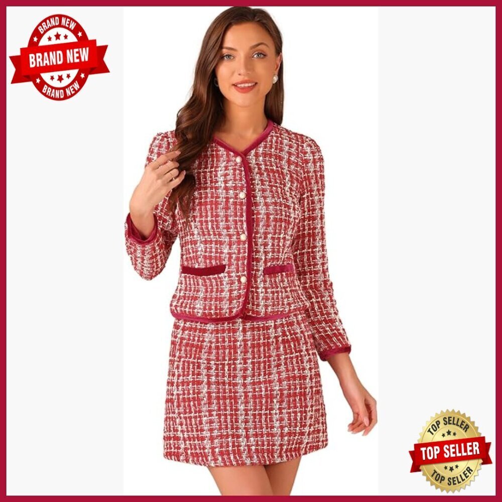 Plaid Tweed Blazer and Skirt Set, Long Sleeve, Regular Fit, Business Casual
